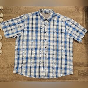 Wrangler White Blue Plaid Short Sleeve Polyester Nylon Button-Up Shirt Men's 2XL